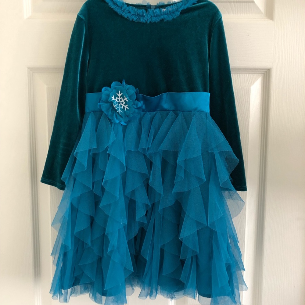 Girls Teal Velvet & Tulle Ruffle Dress with Snowflake Accent Pre- Mattel America